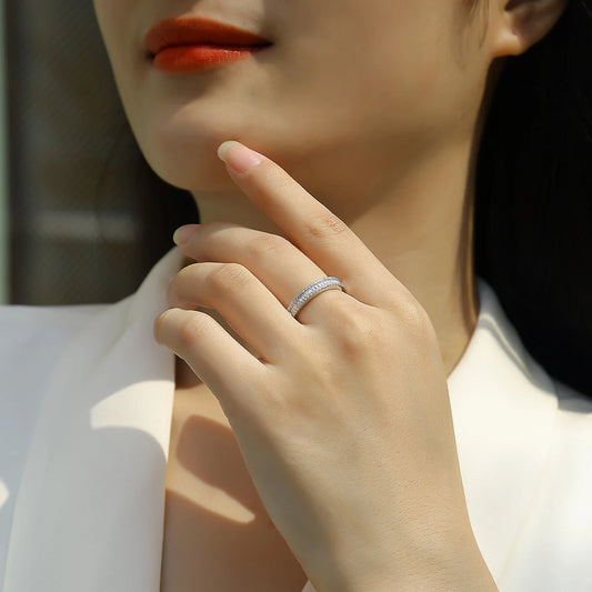 1CT D Color Moissanite Rings for Women S925 Silver Round Rectangular Diamond Setting Half Eternity Wedding Band Jewelry