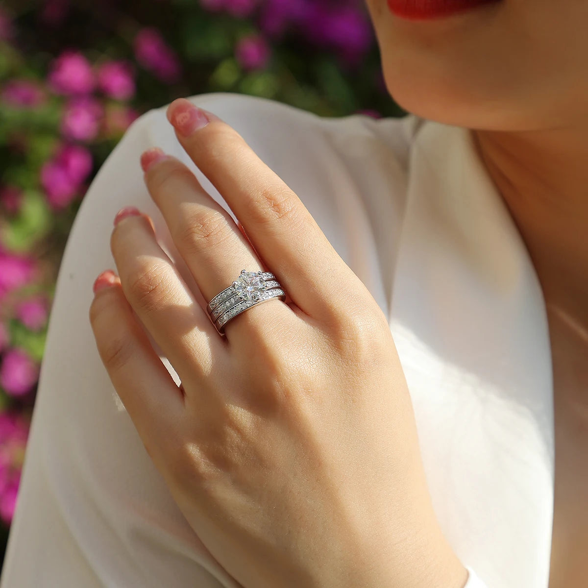 925 Sterling Silver Moissanite Rings 3 Piece Stackable Wedding Engagement Couple Ring Set with Certificate Gift for Friends