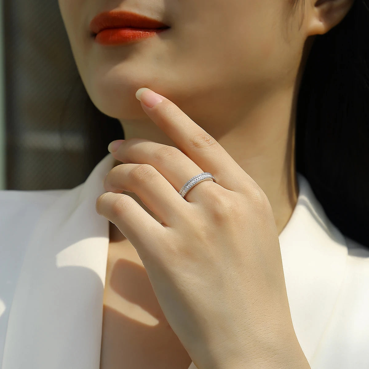 1CT D Color Moissanite Rings for Women S925 Silver Round Rectangular Diamond Setting Half Eternity Wedding Band Jewelry