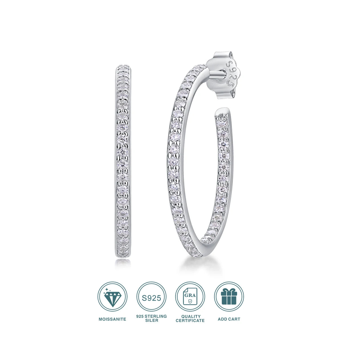 Certified 925 Silver with 18K Gold-Plated Moissanite Hoop Earrings, Sparkling Wedding Fine Jewelry Earrings for Women