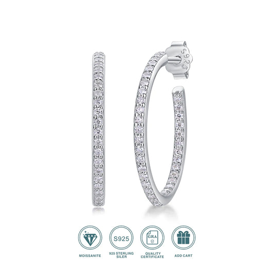 Certified 925 Silver with 18K Gold-Plated Moissanite Hoop Earrings, Sparkling Wedding Fine Jewelry Earrings for Women