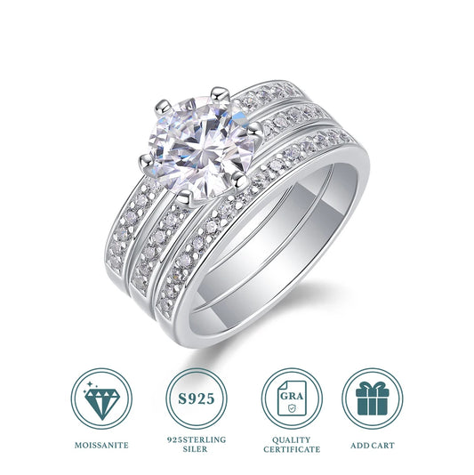925 Sterling Silver Moissanite Rings 3 Piece Stackable Wedding Engagement Couple Ring Set with Certificate Gift for Friends
