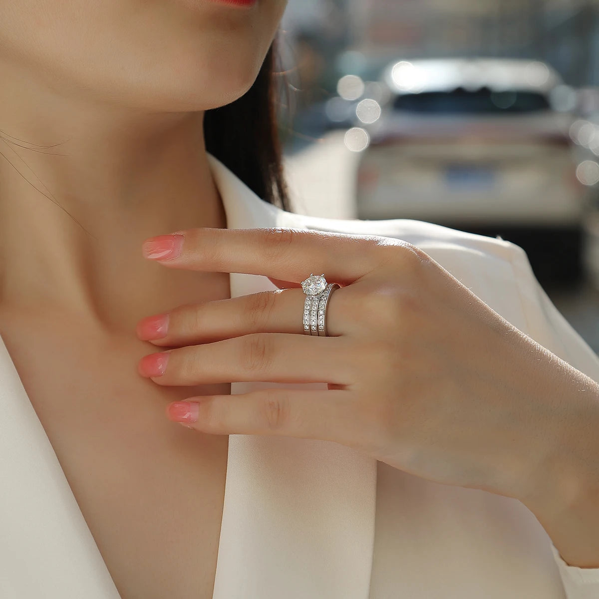 925 Sterling Silver Moissanite Rings 3 Piece Stackable Wedding Engagement Couple Ring Set with Certificate Gift for Friends