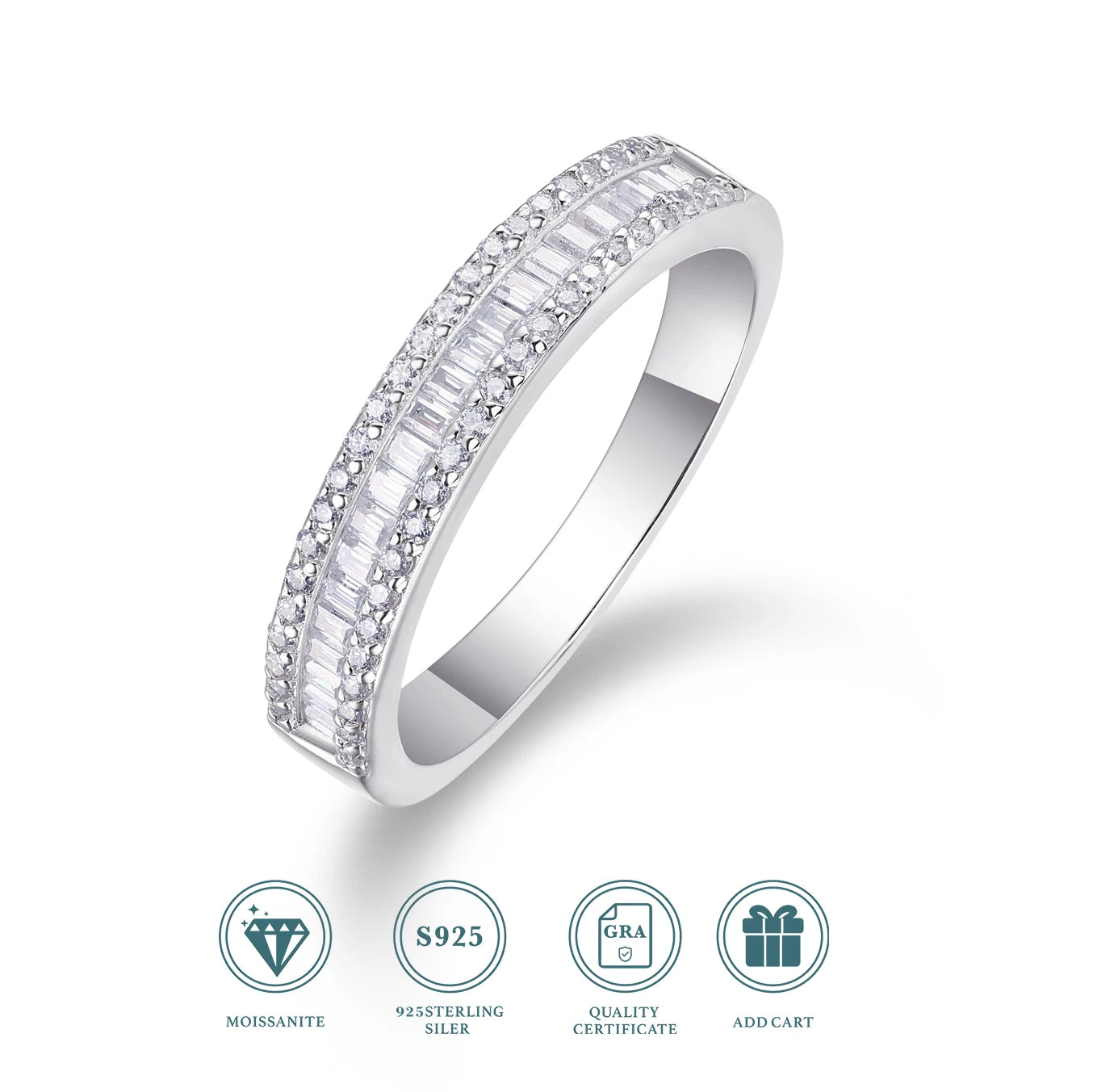 1CT D Color Moissanite Rings for Women S925 Silver Round Rectangular Diamond Setting Half Eternity Wedding Band Jewelry